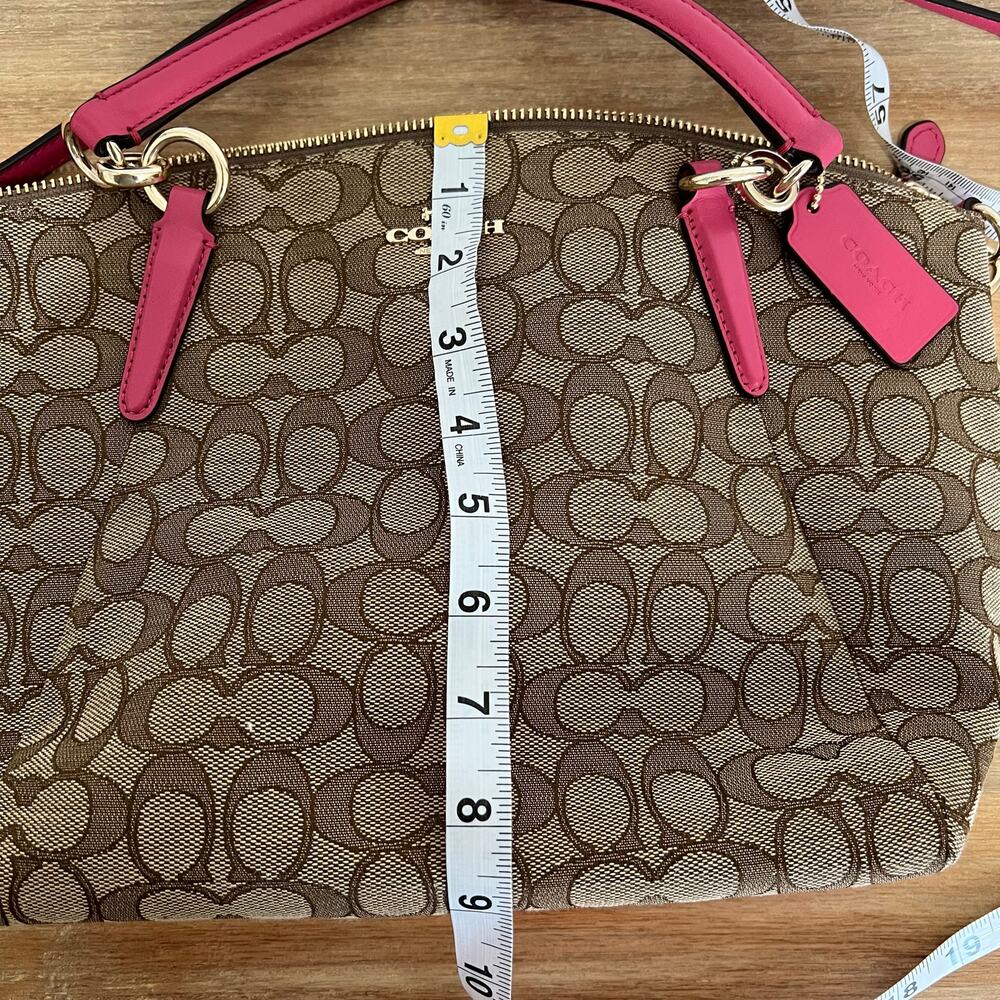 Coach Signature Logo Print Kelsey Bag Purse Canvas Brown Pink Gold Hardware - Picture 14 of 15